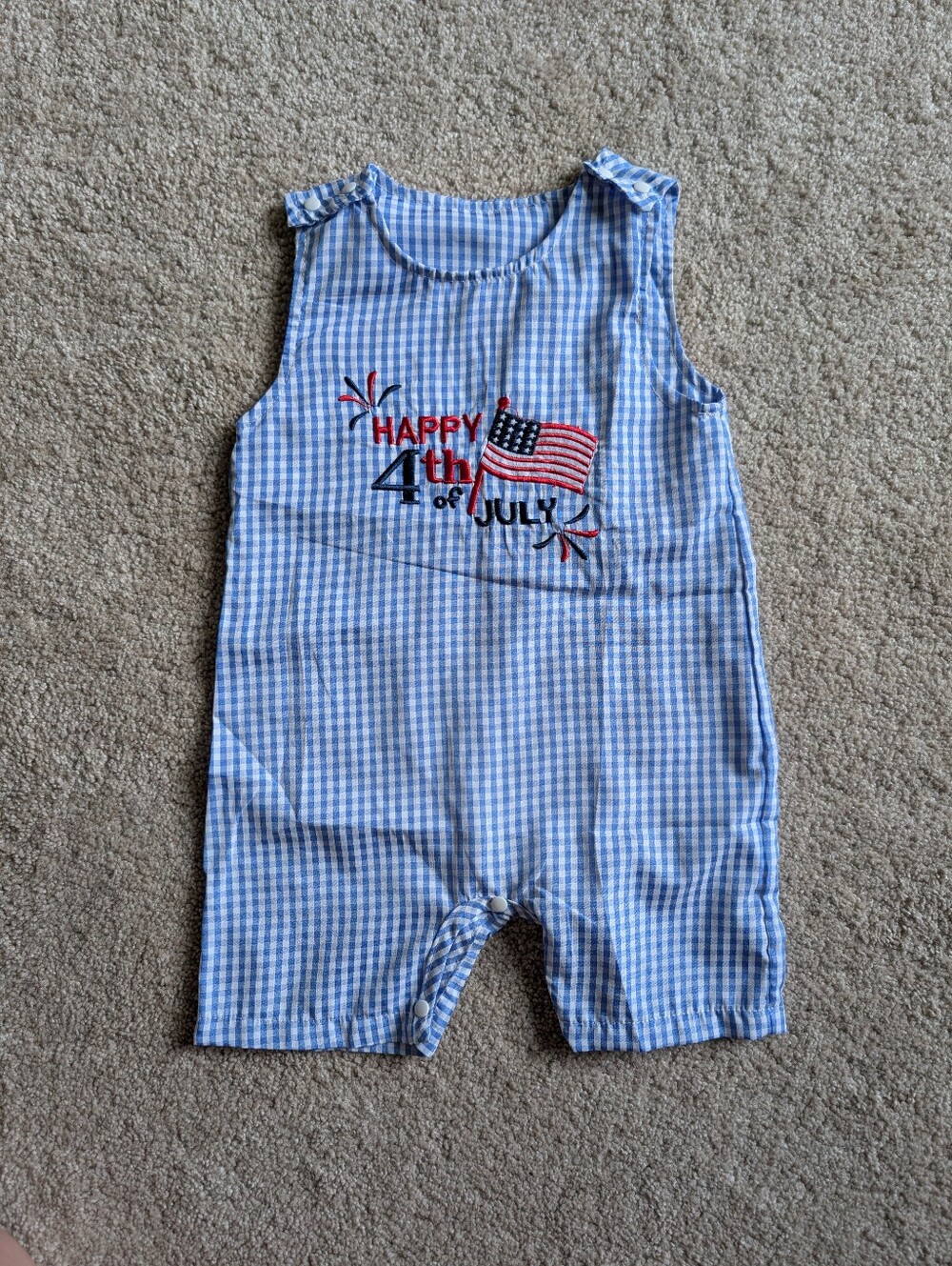 12-18 Month 4th of July Blue Gingham Baby Romper Shortalls Embroidered